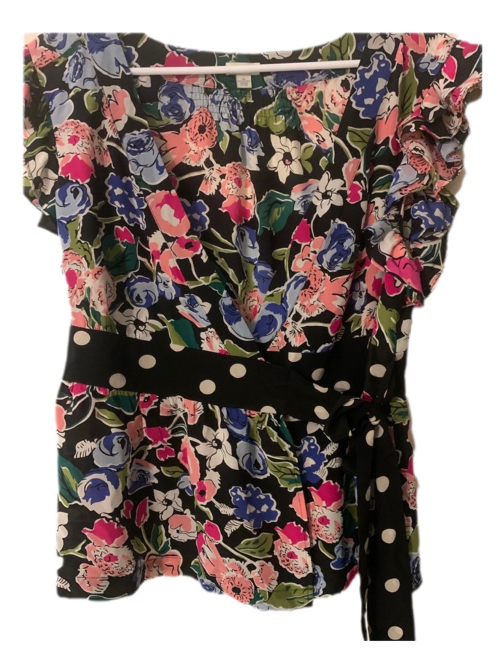 Odille Black Floral Wrap Top with Green and Blue Accents